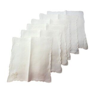6 VTG Linen Embroidered Scalloped Edge Cocktail Napkins White Floral appliqué